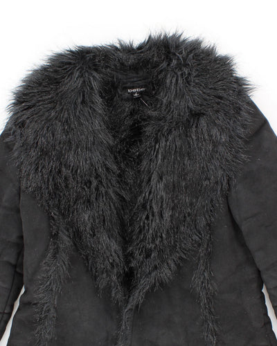 Womens Black Bebe Faux Suede and Fur Long Coat - L