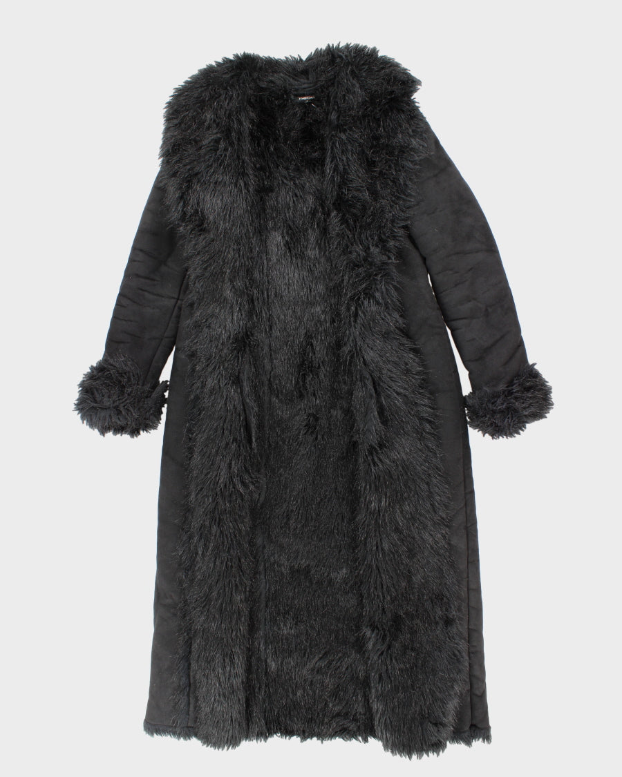 Womens Black Bebe Faux Suede and Fur Long Coat - L