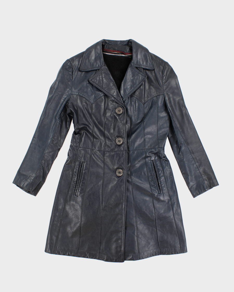 Vintage Navy Leather Fleece Lined Coat - S