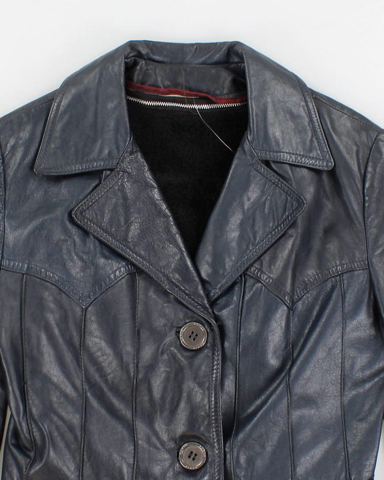 Vintage Navy Leather Fleece Lined Coat - S