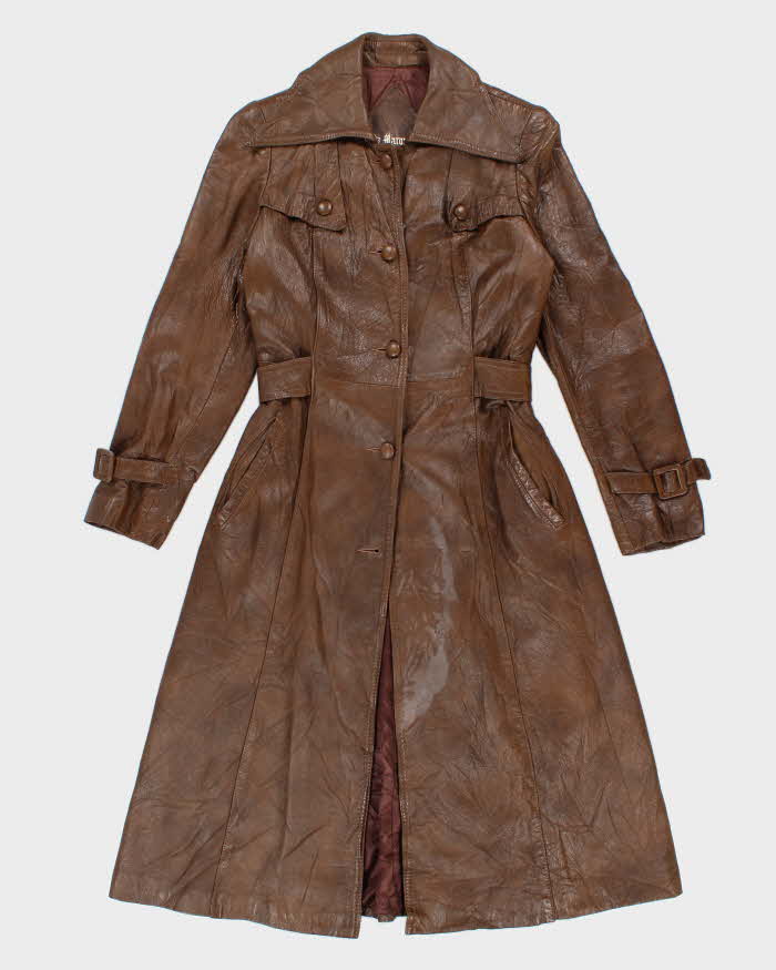 Vintage 70s Marquis Of London Classic Brown Leather Trench - S