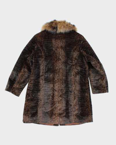 Faux Fur Hooded Fleece Lined Leopard Print Coat - L