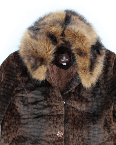 Faux Fur Hooded Fleece Lined Leopard Print Coat - L