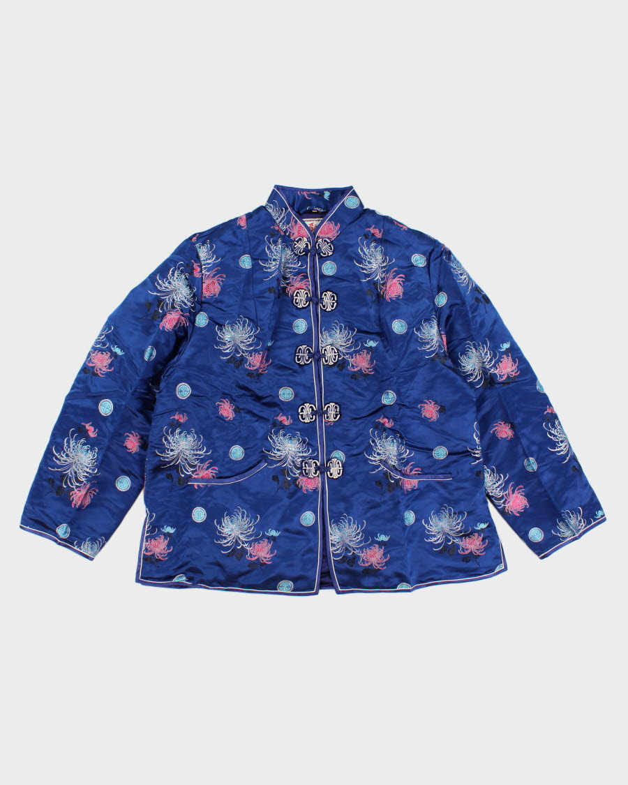 Vintage Women's Blue satin Mandarin collar Jacket - M