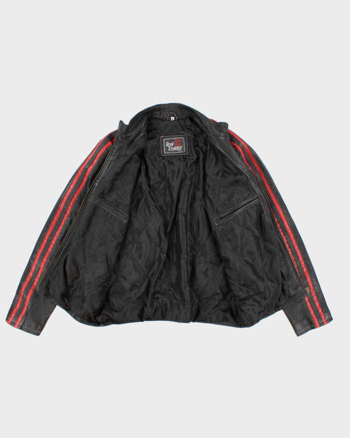 Vintage Women's Black And Red Striped Leather Moto Jacket - L
