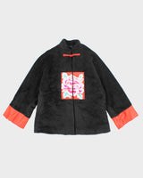 Womens 1990s Black Fuzzy Felt Mandarine Collar Embroidered Coat - M