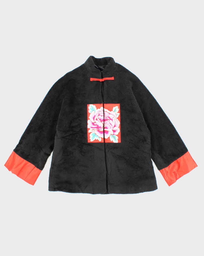 Womens 1990s Black Fuzzy Felt Mandarine Collar Embroidered Coat - M