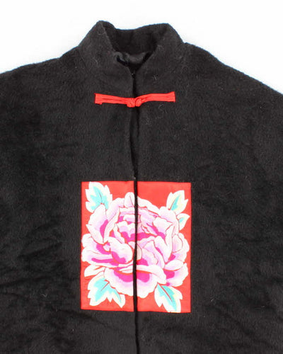Womens 1990s Black Fuzzy Felt Mandarine Collar Embroidered Coat - M