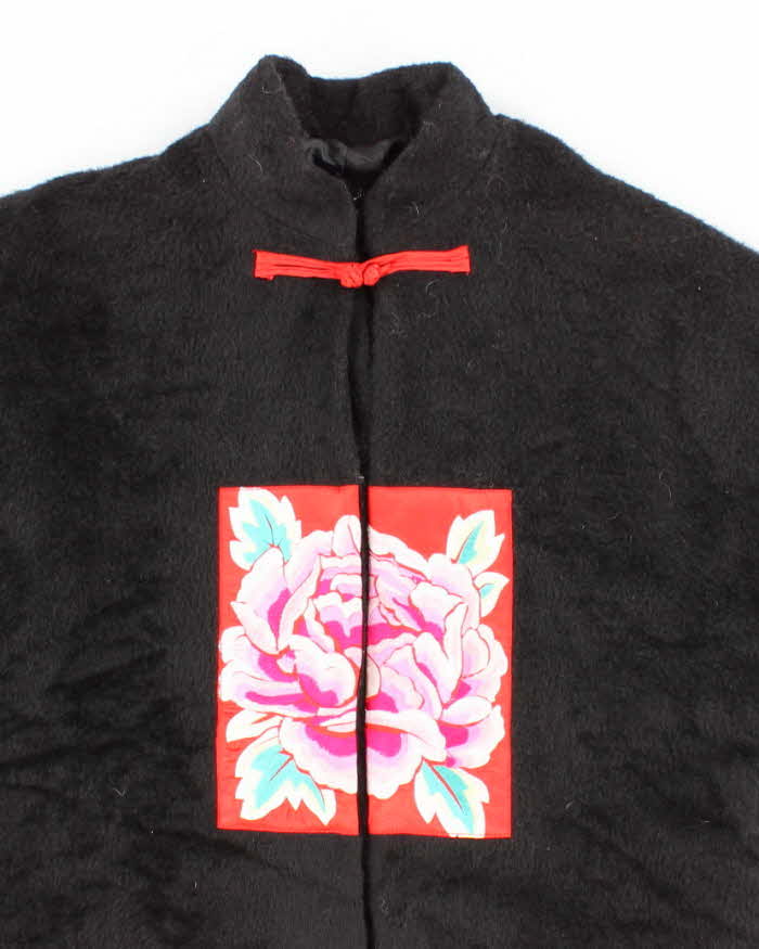 Womens 1990s Black Fuzzy Felt Mandarine Collar Embroidered Coat - M