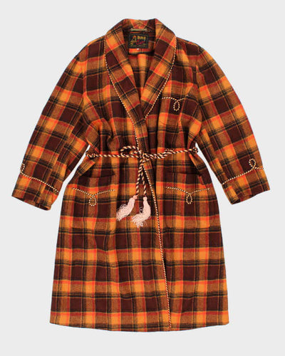 50s Vintage Cockatoo Orange Long Wool Robe With Piping Detail - L