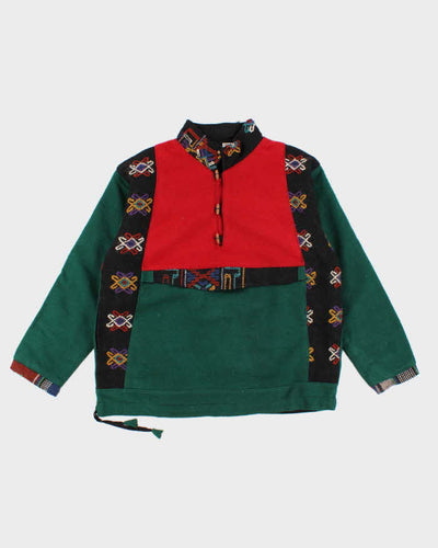 Womens 1990s Wool Red and Green Patterned Nepal Jacket - L