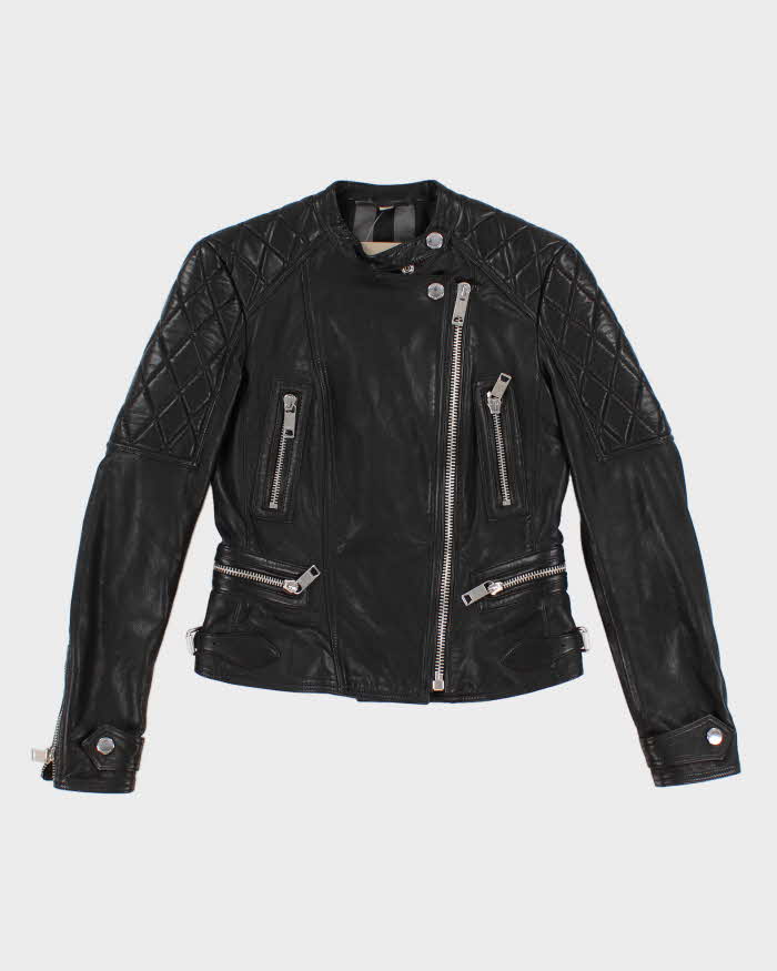 Womens Burberry Black Leather Zipper Biker Jacket - XS