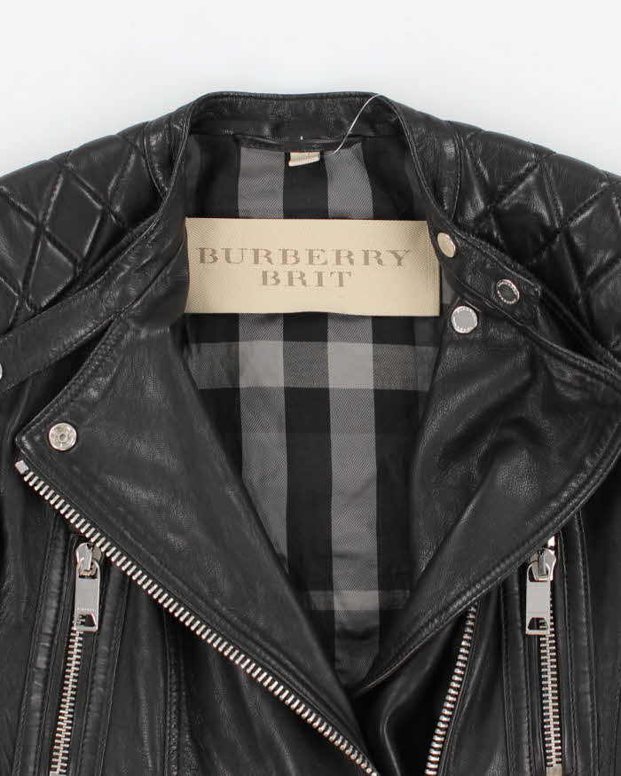 Womens Burberry Black Leather Zipper Biker Jacket XS