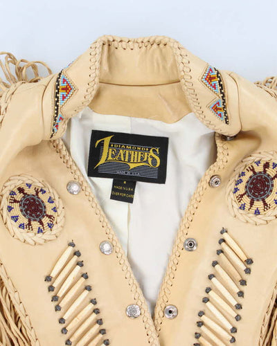 Vintage Womans Cream Leather Fridnge Waistcoat - S