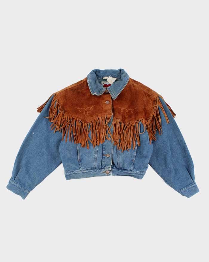Vintage Woman's Medium Wash Suede Fridge Cropped Denim Jacket - M