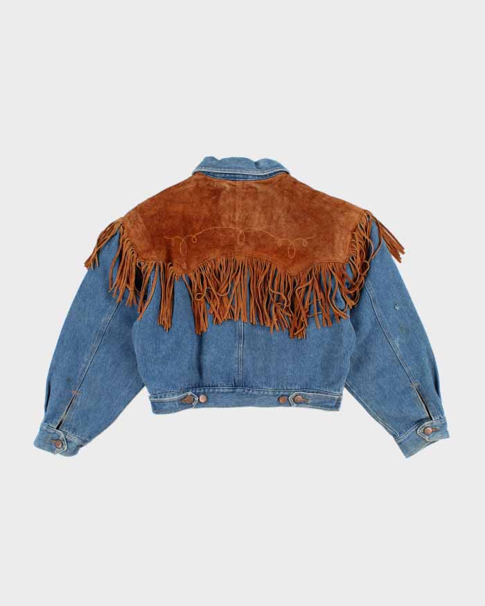 Vintage Woman's Medium Wash Suede Fridge Cropped Denim Jacket - M