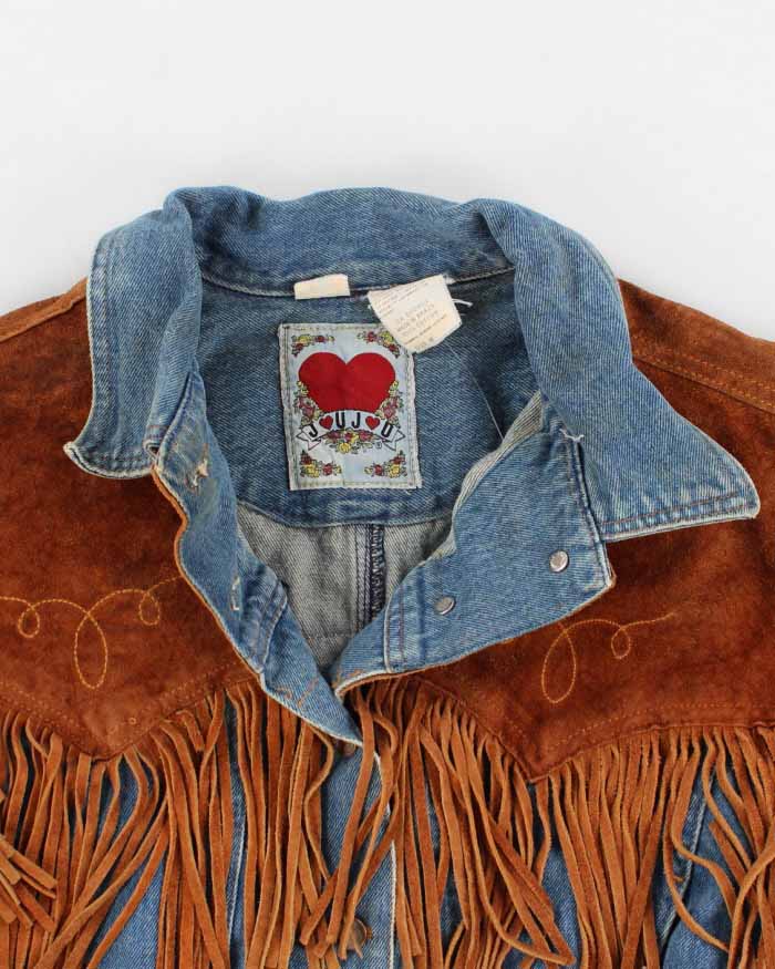 Vintage Woman's Medium Wash Suede Fridge Cropped Denim Jacket - M