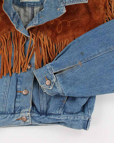 Vintage Woman's Medium Wash Suede Fridge Cropped Denim Jacket - M