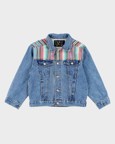 Vintage Woman's Medium Wash patterned Cropped Denim Jacket - L