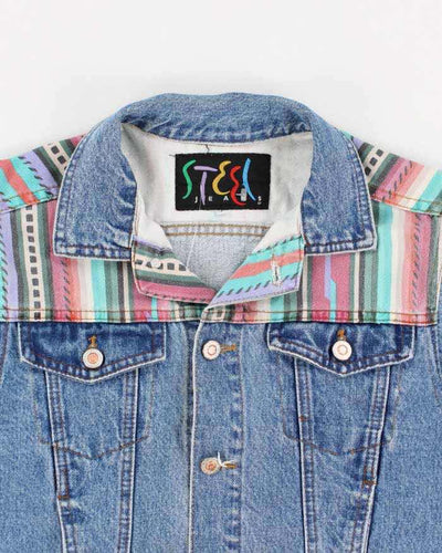 Vintage Woman's Medium Wash patterned Cropped Denim Jacket - L