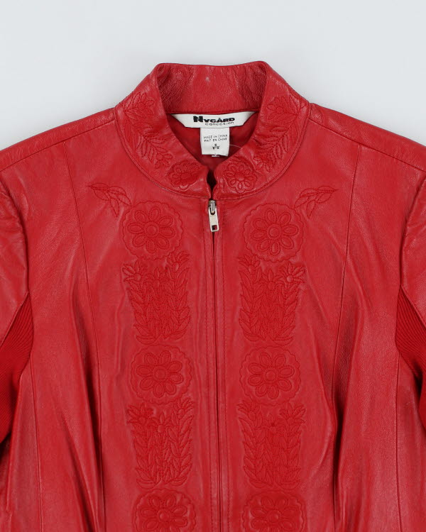 Vintage 90s Red Embroidered Leather Jacket - S