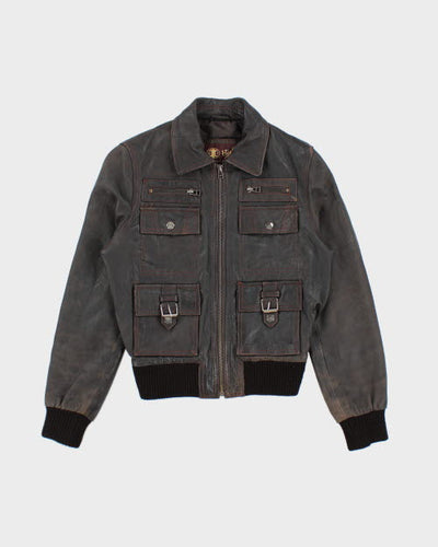 Vintage 90's Multi Pocket Leather Bomber Jacket - S