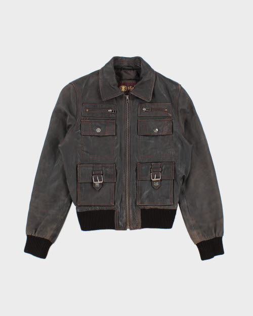 Vintage 90's Multi Pocket Leather Bomber Jacket - S