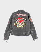 Rare Ed Hardy x Avirex Patched and Embroidered Leather Jacket - M