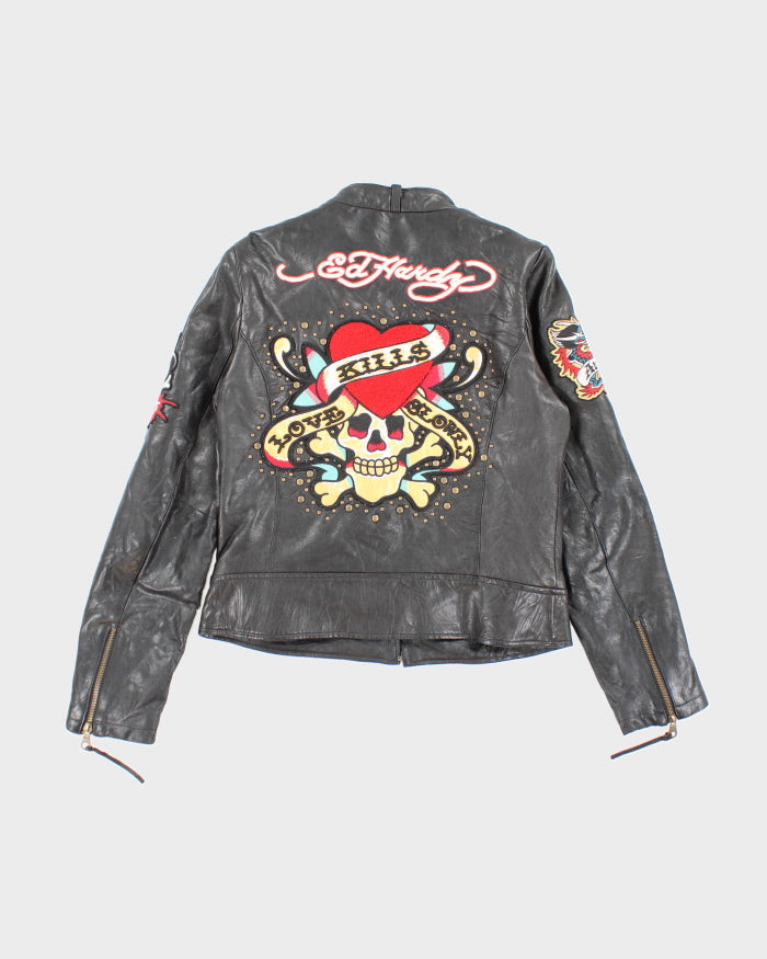 Rare Ed Hardy x Avirex Patched and Embroidered Leather Jacket - M