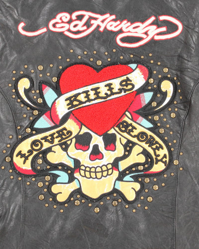 Rare Ed Hardy x Avirex Patched and Embroidered Leather Jacket - M