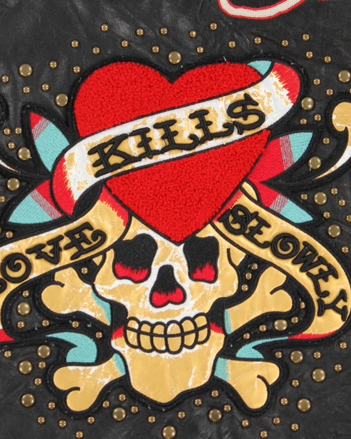 Rare Ed Hardy x Avirex Patched and Embroidered Leather Jacket - M