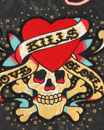 Rare Ed Hardy x Avirex Patched and Embroidered Leather Jacket - M