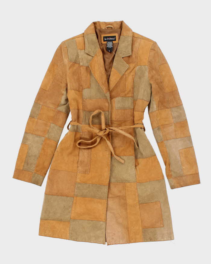 Vintage 90s Le Chateau Warm Brown Suede Belted Patchwork Coat - M