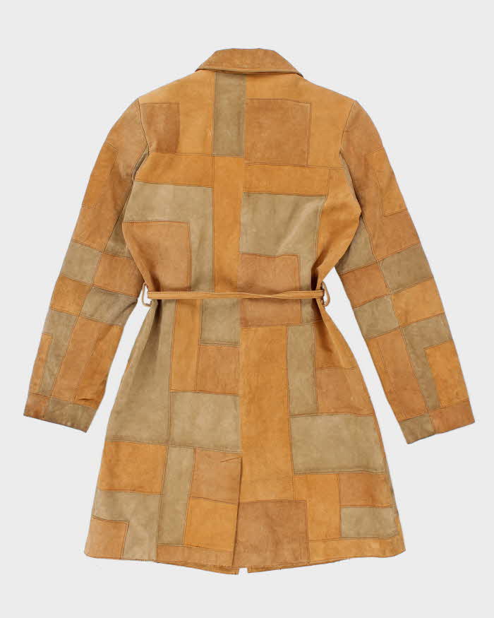 Vintage 90s Le Chateau Warm Brown Suede Belted Patchwork Coat - M