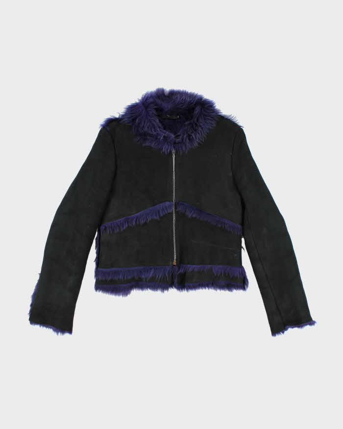 Vintage Y2k 00s Gigli Black Suede Purple Faux Fur Jacket - S