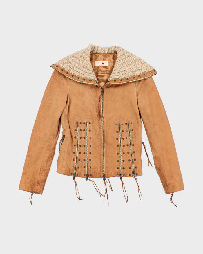 Vintage Y2k 00s Brown Studded Zip-up Leather Jacket - XS