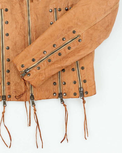 Vintage Y2k 00s Brown Studded Zip-up Leather Jacket - XS
