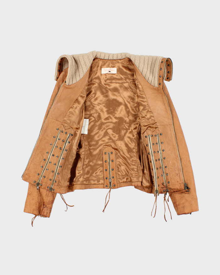 Vintage Y2k 00s Brown Studded Zip-up Leather Jacket - XS