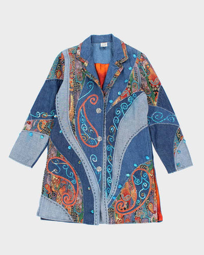 Vintage Parsley & Sage Patchwork Embroidered Long Denim Jacket - XL
