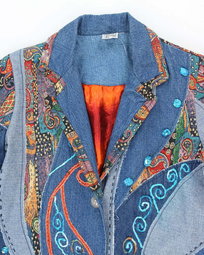 Vintage Parsley &amp; Sage Patchwork Embroidered Long Denim Jacket - XL