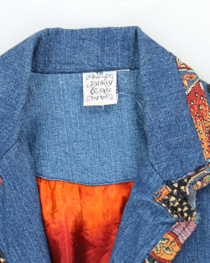 Vintage Parsley &amp; Sage Patchwork Embroidered Long Denim Jacket - XL