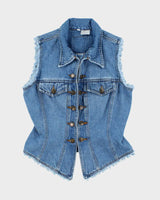 Vintage Y2K Medium Wash Frayed Denim Gilet - S