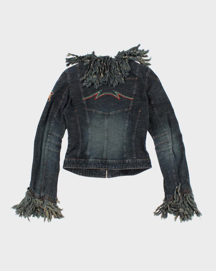 Y2K 00s Parasuco Fitted Dark Wash Fringe Denim Jacket - S