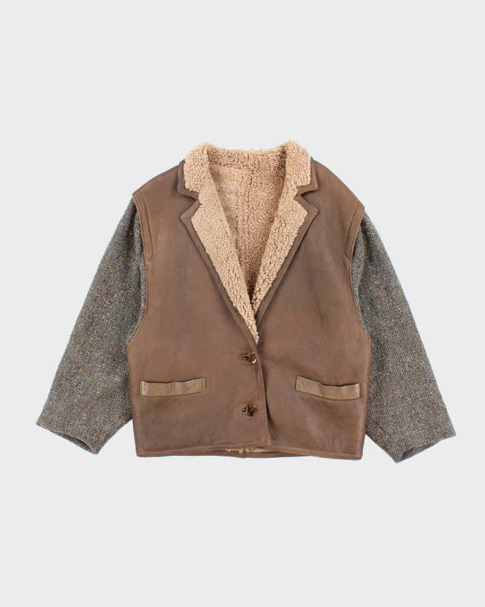 Women's Vintage 1990s Gigi Pary Brown Leather and Wool Coat - L