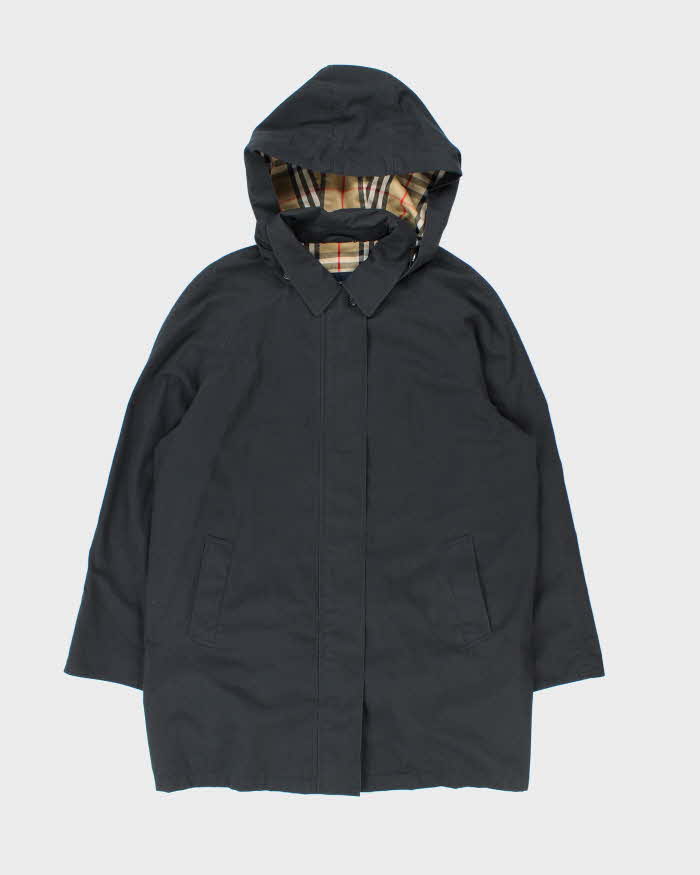 Vintage 00s Women's Navy Burberry Hooded Zip Up Mac - M