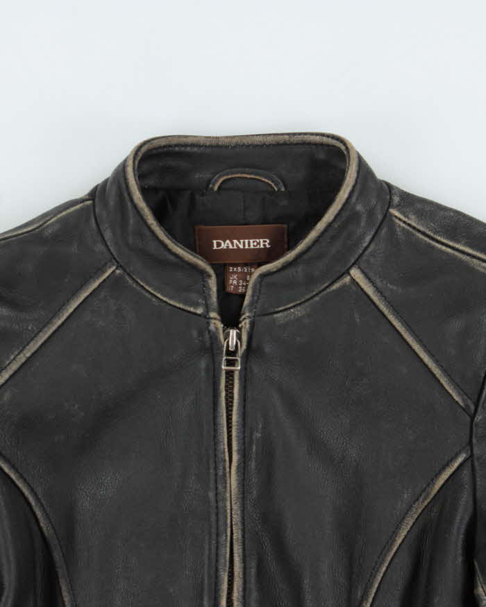Vintage Y2K 00s Black Danier Distressed Look Leather Racer Jacket - XXS