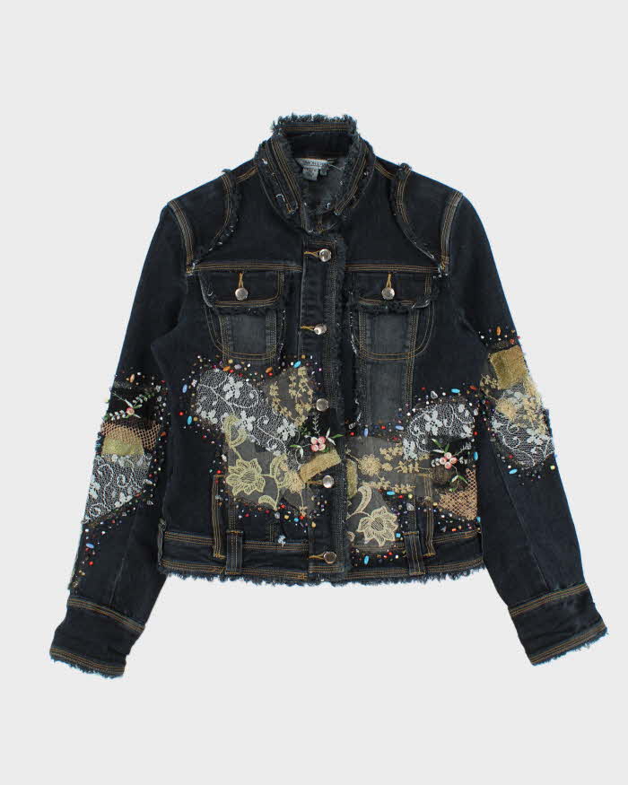 Vintage Y2K 00s Simon Chang Bedazzled Fringe Denim Jacket - M