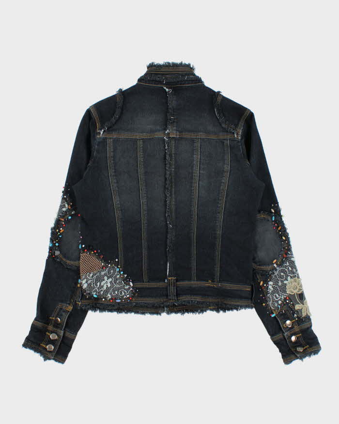 Vintage Y2K 00s Simon Chang Bedazzled Fringe Denim Jacket - M