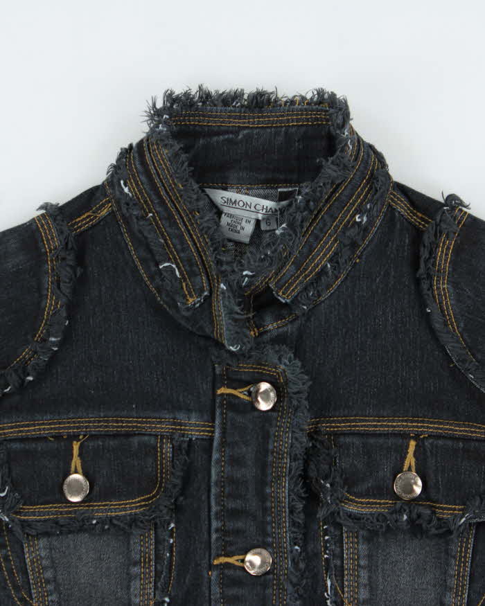 Vintage Y2K 00s Simon Chang Bedazzled Fringe Denim Jacket - M