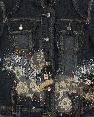 Vintage Y2K 00s Simon Chang Bedazzled Fringe Denim Jacket - M